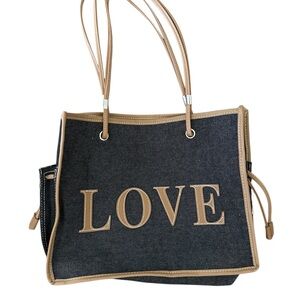 Chic Denim and Tan Love Tote Bag